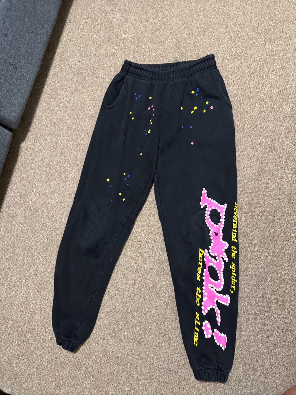 Black Graphic Spider Sweatpants with Pink Logo
